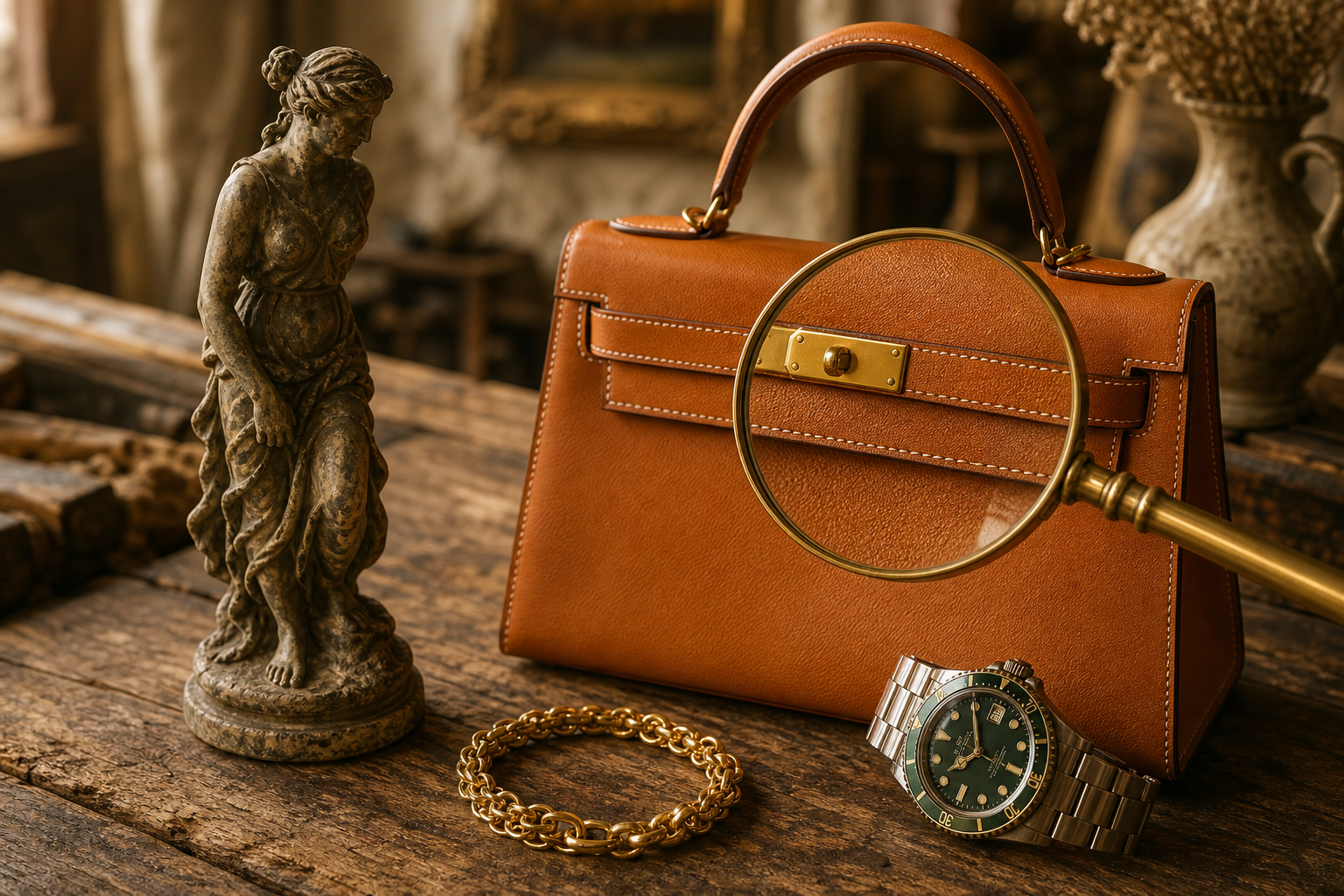 Objets de brocante, sac, montre et loupe