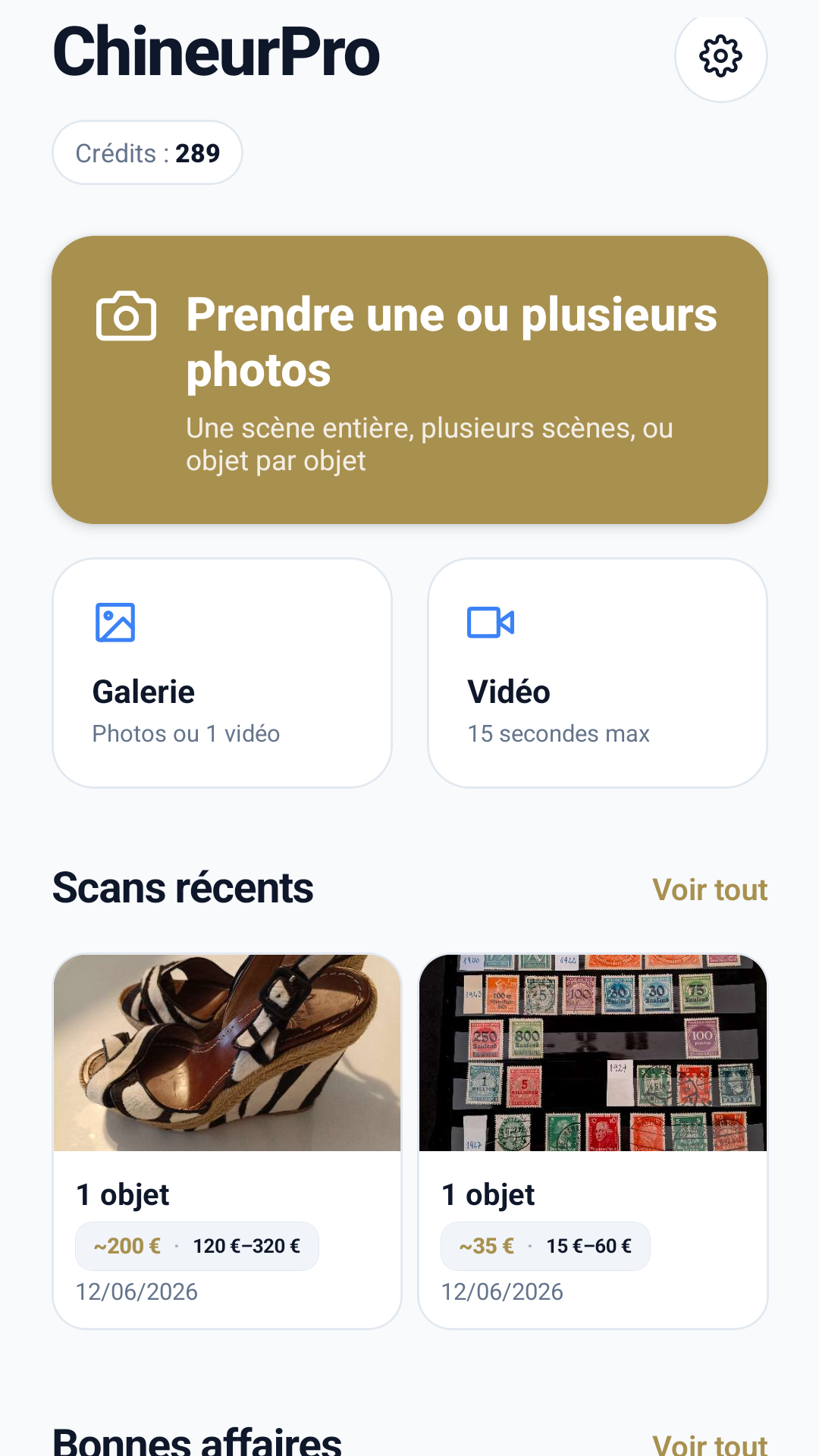 Écran d'accueil ChineurPro avec prise de photo et scans récents