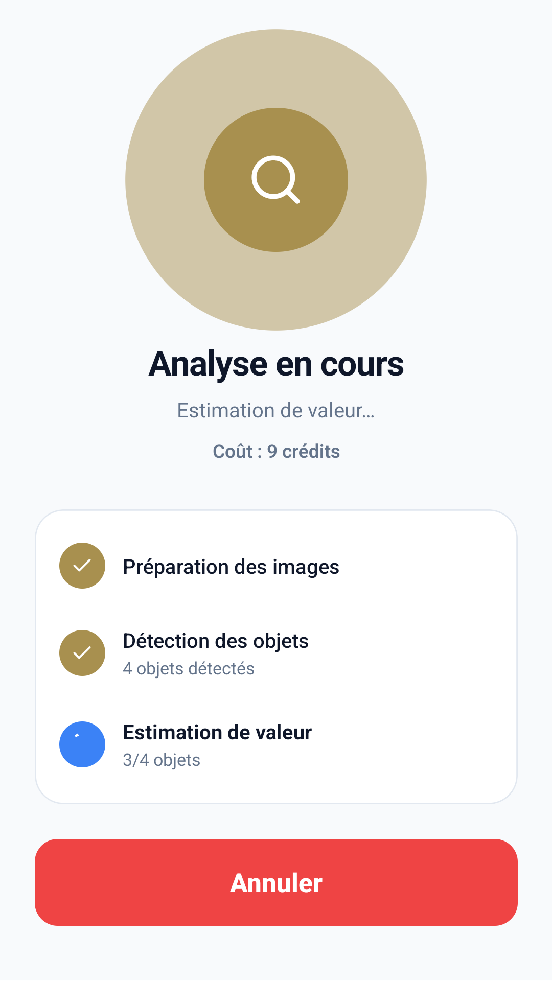 Écran d'analyse en cours avec progression par étapes